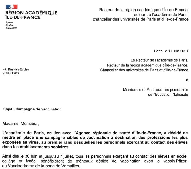 Le rectorat de Paris propose aux enseignants une vaccination à compter du 30 juin…