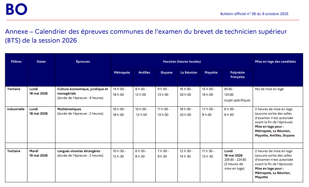 Calendrier des épreuves communes du BTS